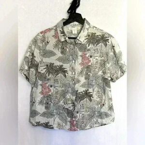 C&C California 100% Linen Hawaiian Button Up Short Sleeve Crop Blouse Small